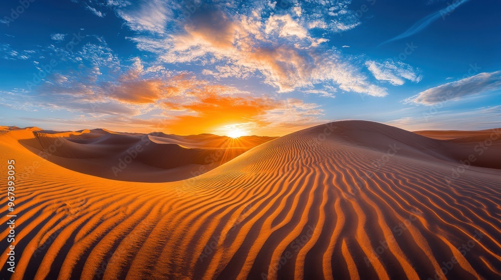 A stunning sunset over rolling sand dunes, showcasing vibrant colors and serene beauty. A stunning sunset over rolling sand dunes, showcasing vibrant colors and serene beauty.