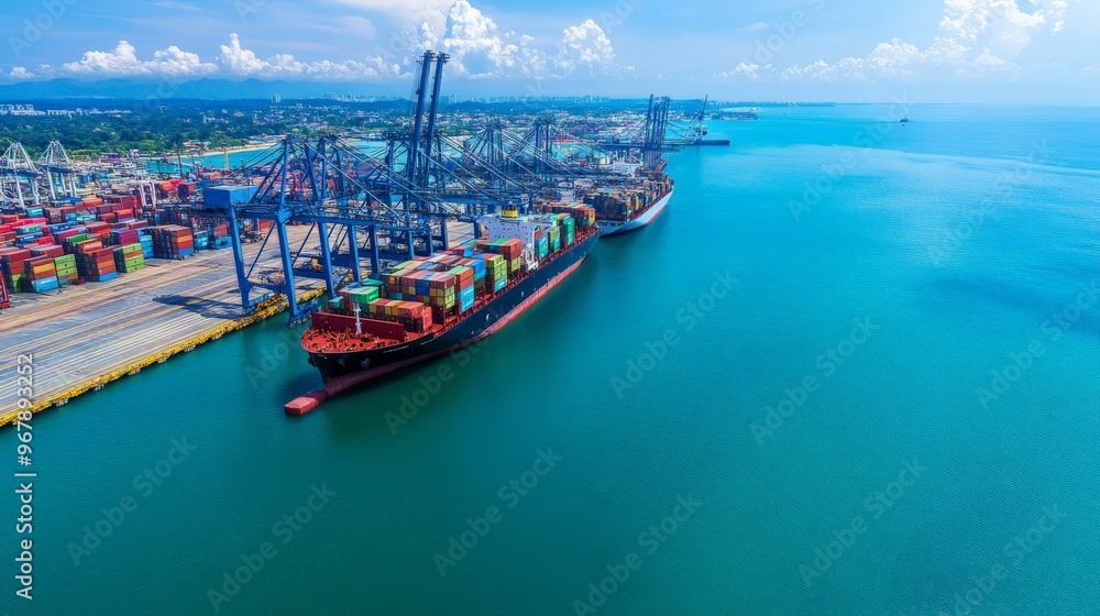 Aerial view of a busy cargo port with shipping containers, cranes, and cargo ships on a clear, sunny day. Aerial view of a busy cargo port with shipping containers, cranes, and cargo ships on a clear, sunny day.