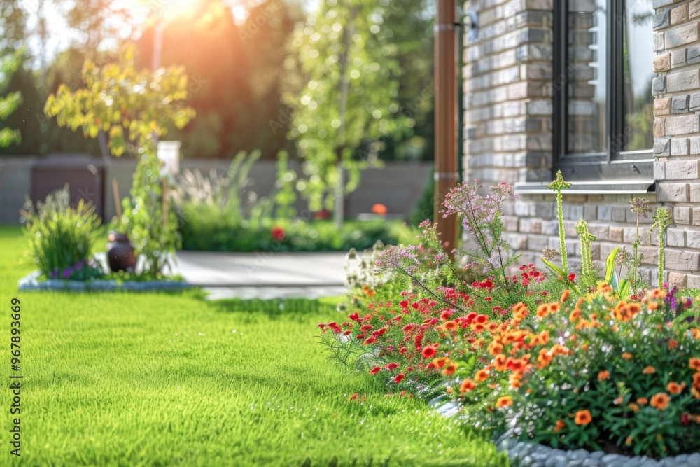 Perfect manicured lawn and flowerbed with shrubs in sunshine on backdrop of residential house backyard Perfect manicured lawn and flowerbed with shrubs in sunshine on backdrop of residential house backyard