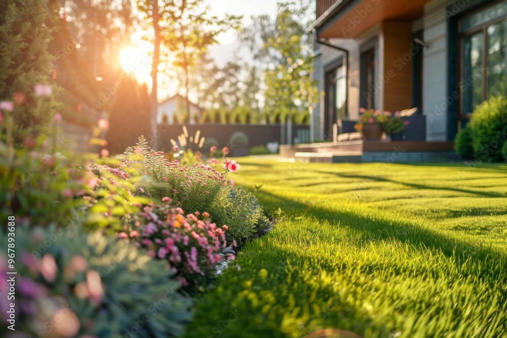 Obraz premium Perfect manicured lawn and flowerbed with shrubs in sunshine on backdrop of residential house backyard