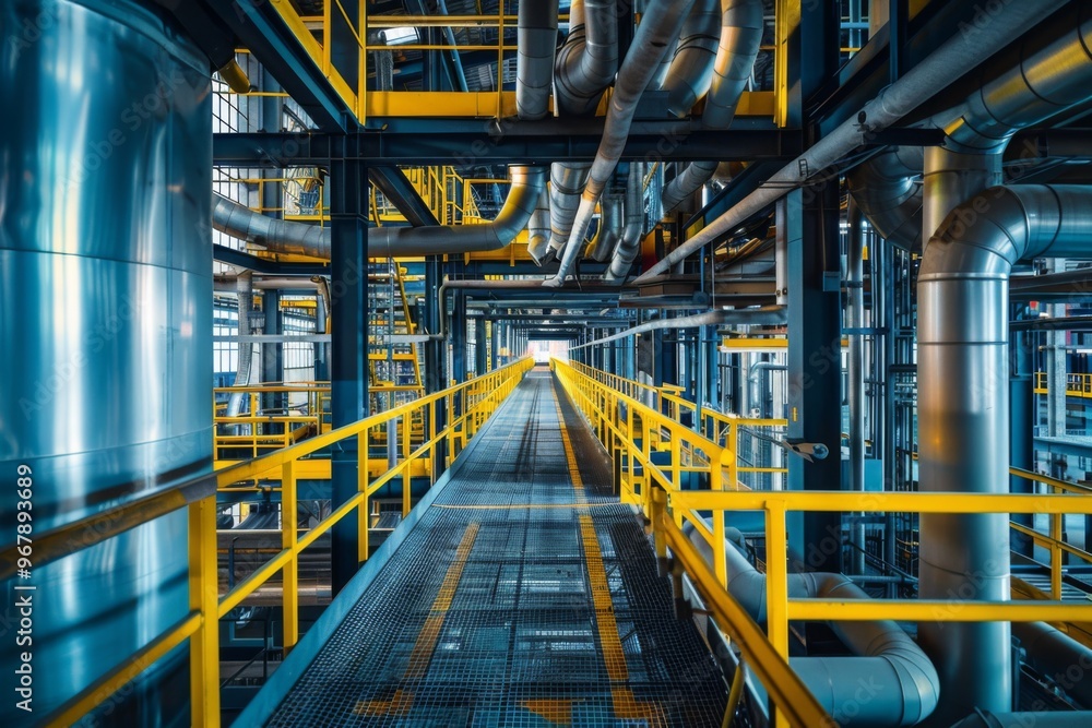 Interior of a modern industrial building with metal structures and yellow markings Interior of a modern industrial building with metal structures and yellow markings