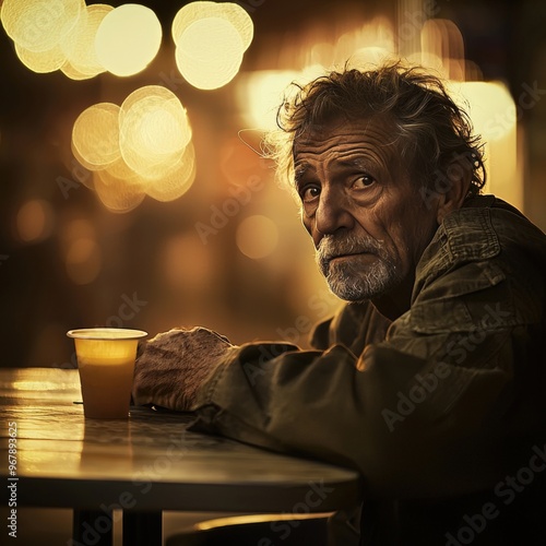 A solitary man reflecting on life at a softly lit street café during twilight hours photo