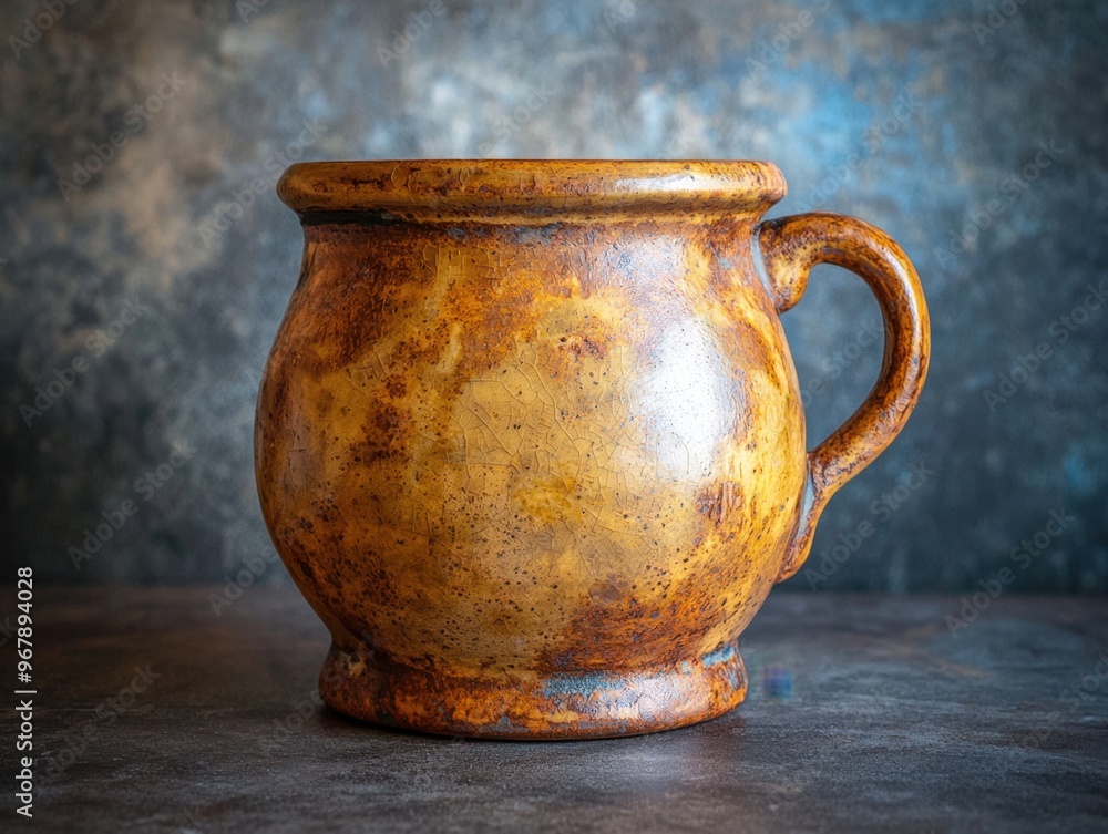 Rustic clay mug with a rich patina sitting gracefully on a textured background Rustic clay mug with a rich patina sitting gracefully on a textured background
