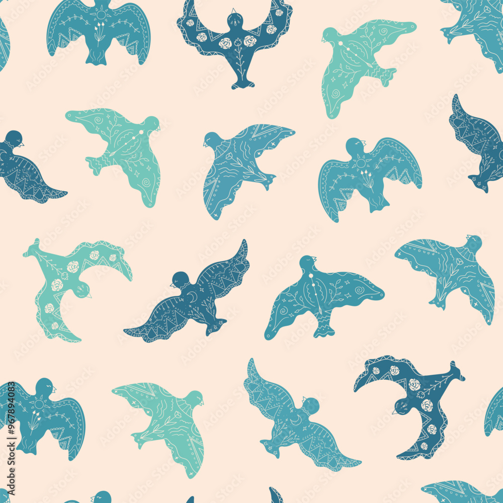 Fototapeta premium Hand drawn doves with botanical ornament seamless pattern. Blue flying birds pattern. Vector illustration