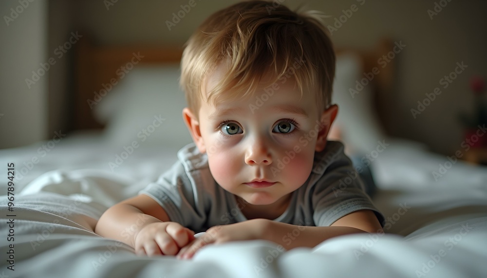 adorable boy looking at camera while lying on bed adorable boy looking at camera while lying on bed