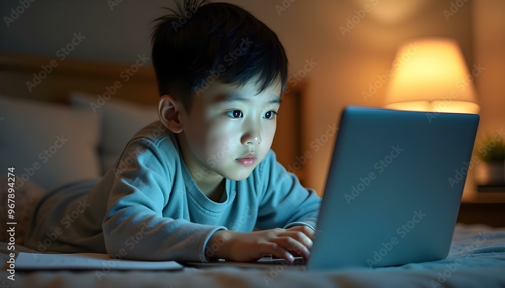 asian boy studying online with laptop at home during quarantine