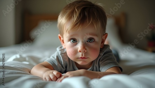 adorable boy looking at camera while lying on bed