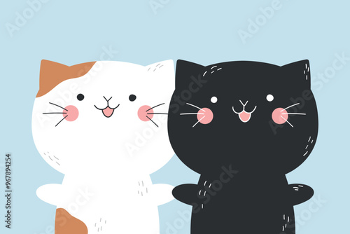 Two cute hand drawn doodle cats holding each other paws and smiling. Vector illustration