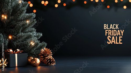 Festive Black Friday sale scene with a Christmas tree, ornaments, and glowing lights, ideal for holiday promotions.