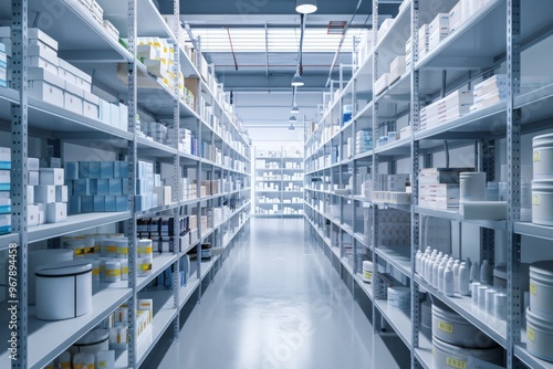 Pharmaceutical warehouse with organized shelves