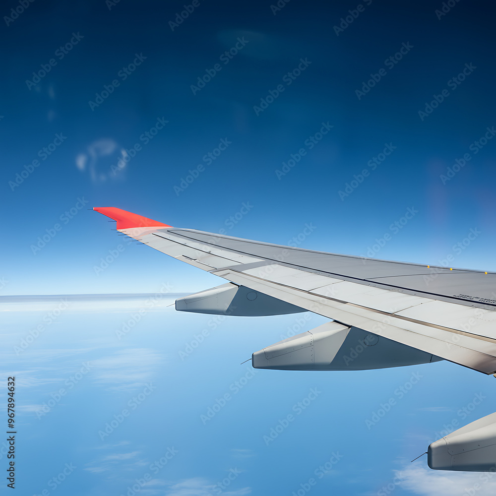 Wing of modern aircraft flying in cloudy blue sky during trip Wing of modern aircraft flying in cloudy blue sky during trip