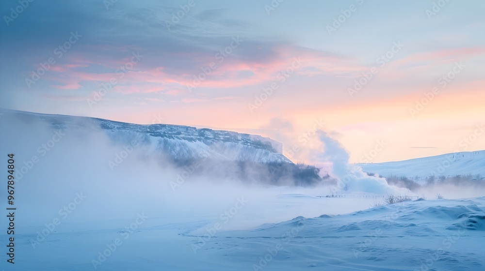 Fototapeta premium Geothermal Spa Amidst Snowy Landscape Steam Rising Against Twilight Sky
