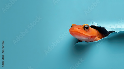 cute flatworm peeking through a hole in a blue paper wall photo