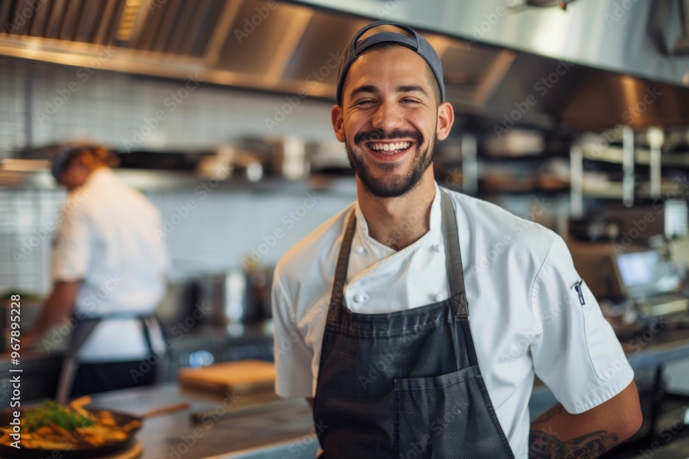 Portrait of a smiling American chef in commercial kitchen Portrait of a smiling American chef in commercial kitchen