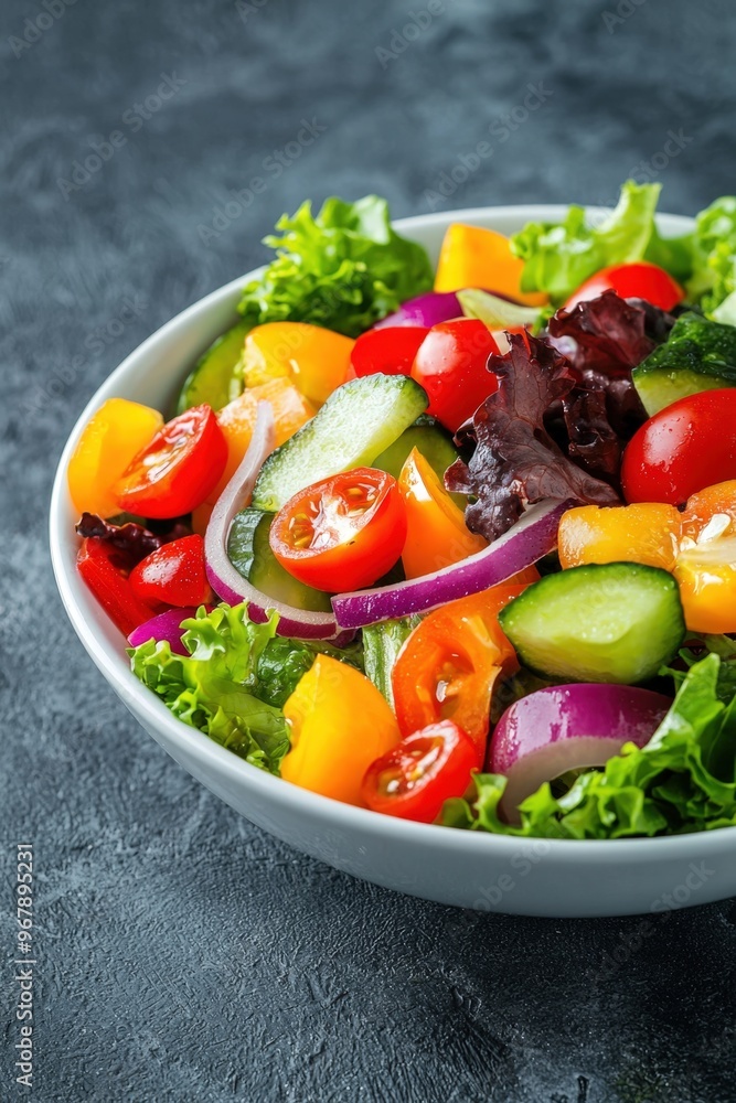 Fresh vegetable salad bursting with colors in a stylish bowl on a dark countertop Fresh vegetable salad bursting with colors in a stylish bowl on a dark countertop