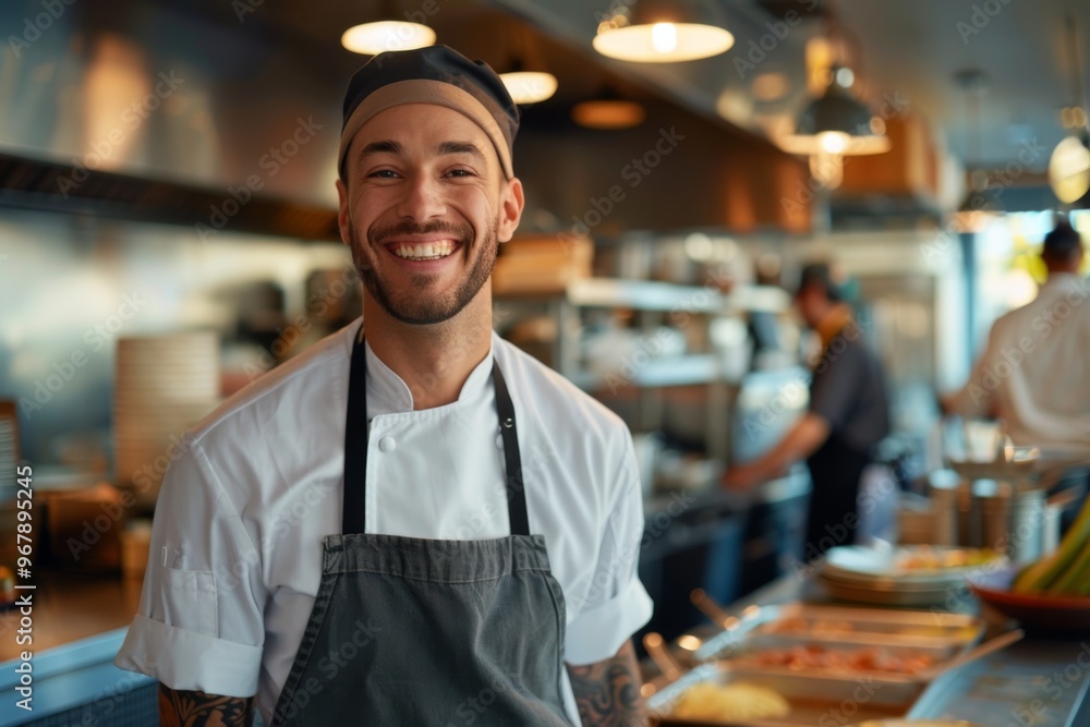 Portrait of a smiling American chef in commercial kitchen Portrait of a smiling American chef in commercial kitchen