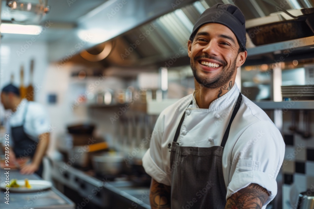 Portrait of a smiling American chef in commercial kitchen Portrait of a smiling American chef in commercial kitchen