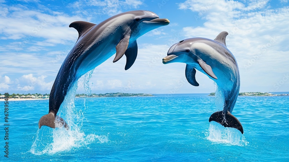 Couple dolphins jumping on the water with bright blue sky .generative ai Couple dolphins jumping on the water with bright blue sky .generative ai