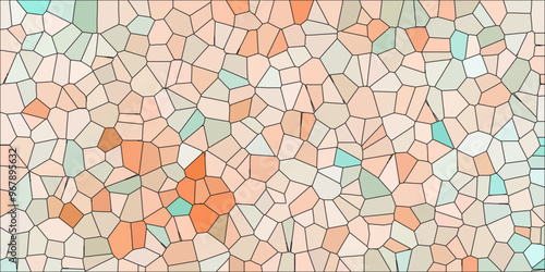 Abstract mosaic made of broken crockery and tableware background. Mosaic pattern with an orange , aqua and beige color palette light elegant marble ceramic pieces wall background 