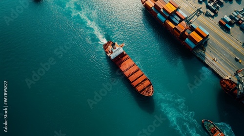 Aerial view of a cargo ship navigating near a busy container terminal, showcasing maritime logistics and global shipping industry. photo