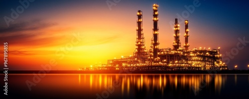 an oil refinery plant in the industrial zone at twilight, highlighting the refinery factory and oil storage tanks. This image captures the essence of the oil and gas industry, including factory