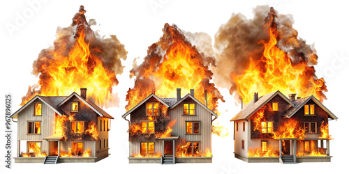  Set of fire burning houses PNG isolated on white background.AI GENERATED