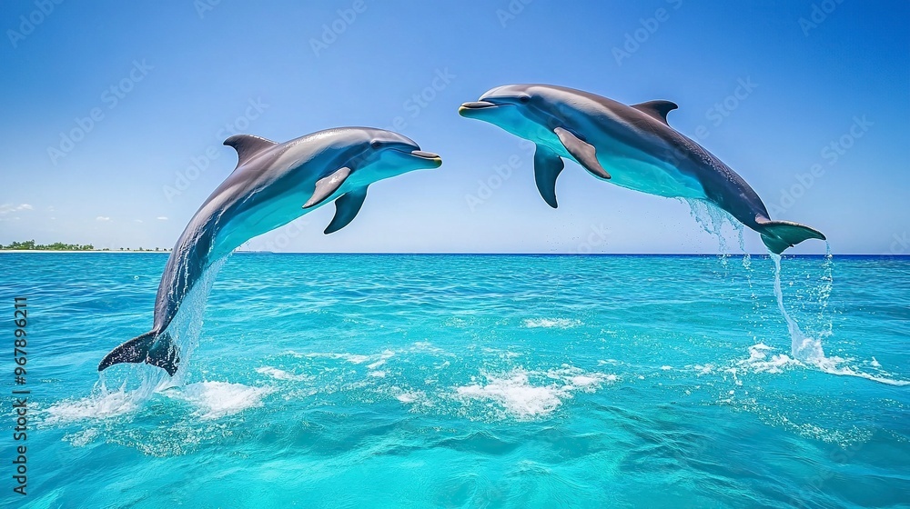 Fototapeta premium Couple dolphins jumping on the water with bright blue sky .generative ai