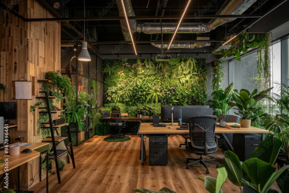 Fototapeta premium Biophilic design office spaces office interiors featuring living green walls and natural light