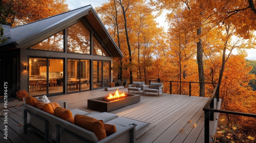 Fototapeta premium A cozy vacation home with a spacious deck, a fire pit, and comfortable seating, set against a backdrop of autumn leaves and warm evening light.