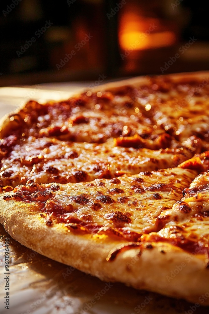 Sliced pepperoni pizza resting on a wooden board in a cozy pizzeria at sunset Sliced pepperoni pizza resting on a wooden board in a cozy pizzeria at sunset