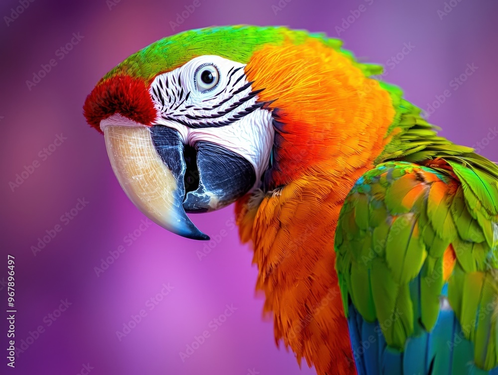 Fototapeta premium A vibrant macaw perched gracefully, showcasing its brilliant feathers against a soft background