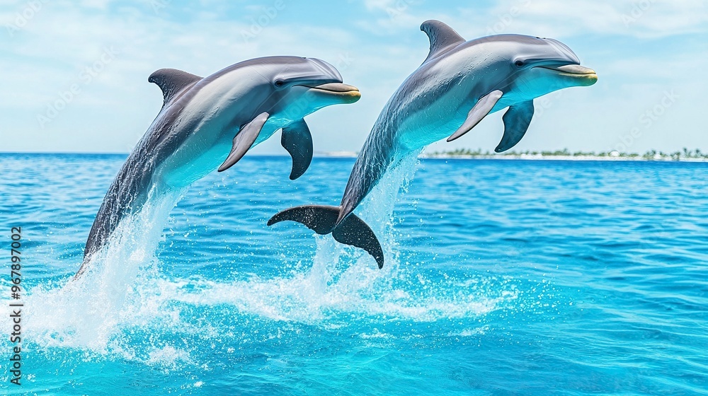 Couple dolphins jumping on the water with bright blue sky .generative ai Couple dolphins jumping on the water with bright blue sky .generative ai