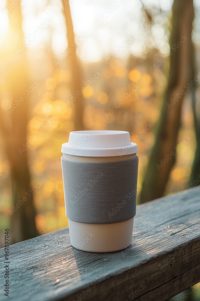 Warm coffee cup resting on a rustic railing surrounded by autumn foliage at sunset Warm coffee cup resting on a rustic railing surrounded by autumn foliage at sunset