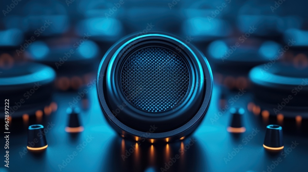 A close-up of a modern speaker showcasing intricate details and vibrant blue lighting, perfect for audio design themes. A close-up of a modern speaker showcasing intricate details and vibrant blue lighting, perfect for audio design themes.