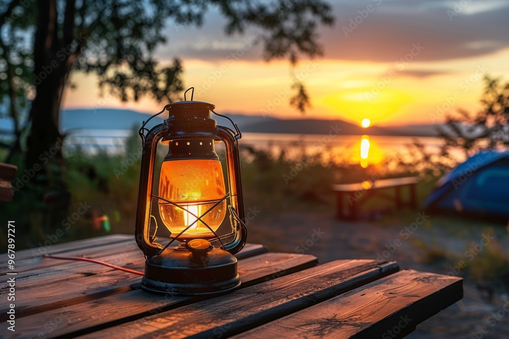 Camping acetylene lantern on wooden table with nature background and tent at sunset Camping acetylene lantern on wooden table with nature background and tent at sunset