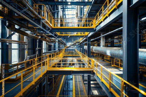 Interior of a modern industrial building with metal structures and yellow markings