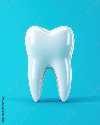 A shiny white tooth model on a vibrant blue background, symbolizing dental care and health. Perfect for dental marketing.