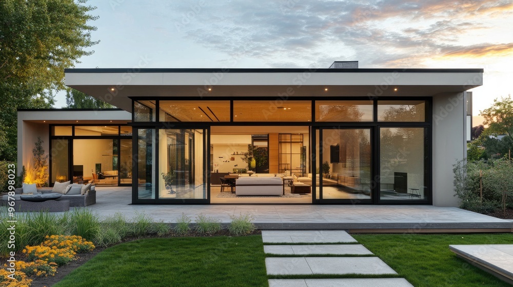 A medium-sized contemporary house with a minimalist design, featuring a flat roof, large glass doors, and a spacious patio, perfect for a stylish, modern home concept. A medium-sized contemporary house with a minimalist design, featuring a flat roof, large glass doors, and a spacious patio, perfect for a stylish, modern home concept.