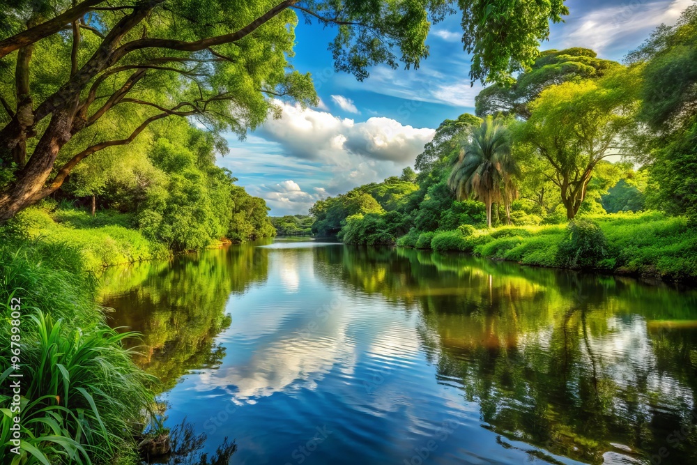 Riverbank with calm water and lush vegetation Riverbank with calm water and lush vegetation