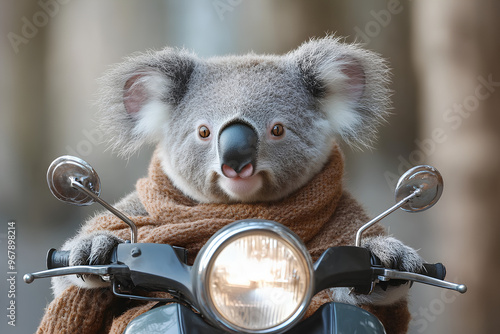 A koala wearing a scarf rides a scooter, exuding a playful and whimsical vibe. photo