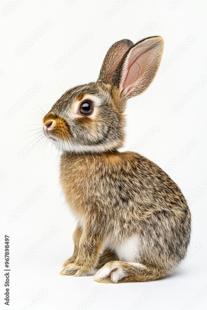 Fototapeta premium A curious rabbit sitting gracefully against a clean white backdrop in bright, soft light