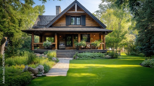 A medium-sized house with a rustic design, wooden siding, and a welcoming front porch, surrounded by a lush green lawn, ideal for a countryside retreat.