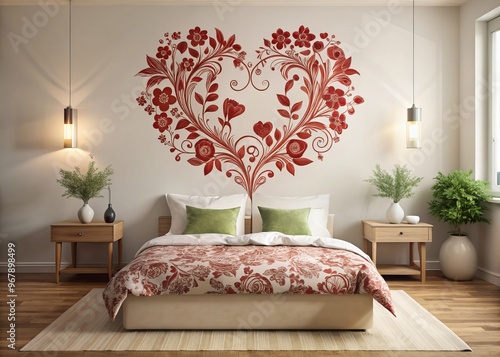 Romantic heart wall sticker with floral design for couple's bedroom or living room photo