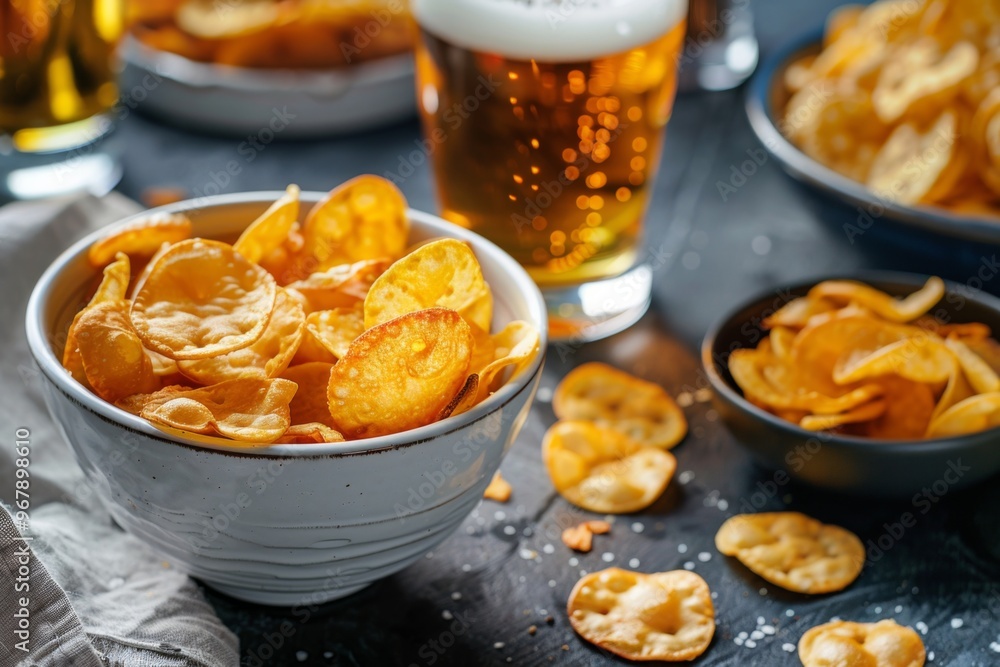 Salty beer snacks in white bowls Salty beer snacks in white bowls