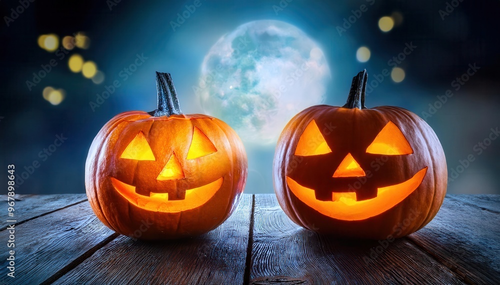 Glowing Jack-o'-Lantern with a Sinister Grin Illuminated by Moonlight on a Wooden Surface, Against a Spooky Dark Night Sky Featuring a Full Moon, Perfect for Halloween Themed Celebrations Designs Glowing Jack-o'-Lantern with a Sinister Grin Illuminated by Moonlight on a Wooden Surface, Against a Spooky Dark Night Sky Featuring a Full Moon, Perfect for Halloween Themed Celebrations Designs