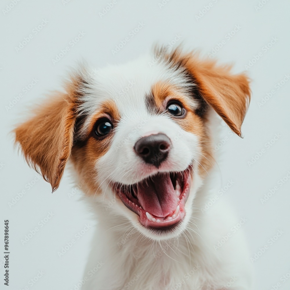 Joyful puppy with bright eyes and a playful expression against a neutral backdrop Joyful puppy with bright eyes and a playful expression against a neutral backdrop