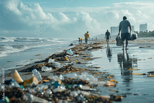 Conservation of ecology and garbage collection for recycling. A volunteer collects plastic bottles by the sea. Concept of coastal cleanup and global environmental pollution.