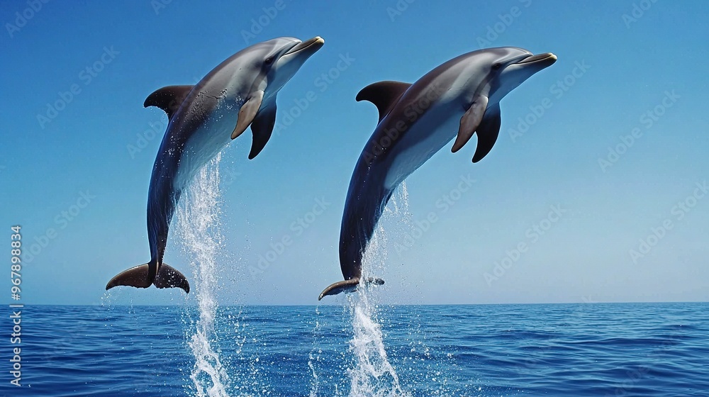 Fototapeta premium Couple dolphins jumping on the water with bright blue sky .generative ai