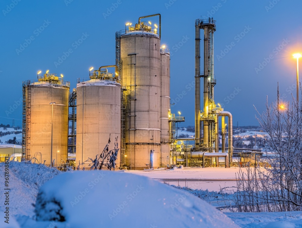 Obraz premium Industrial structures illuminated against a winter dusk at a manufacturing plant