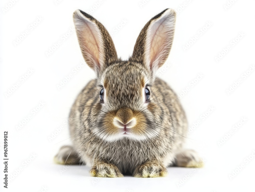 Cute rabbit resting on soft surface, showcasing its fluffy fur and expressive features